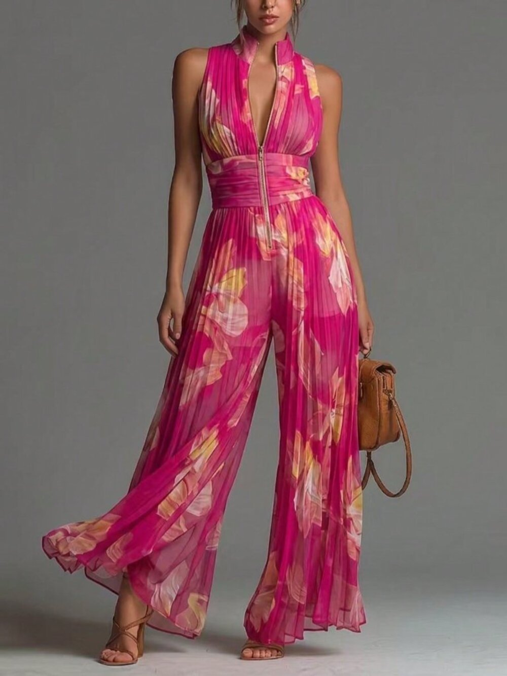 Red Elegant Women's Sleeveless High Neck Wide Leg Palazzo Jumpsuit